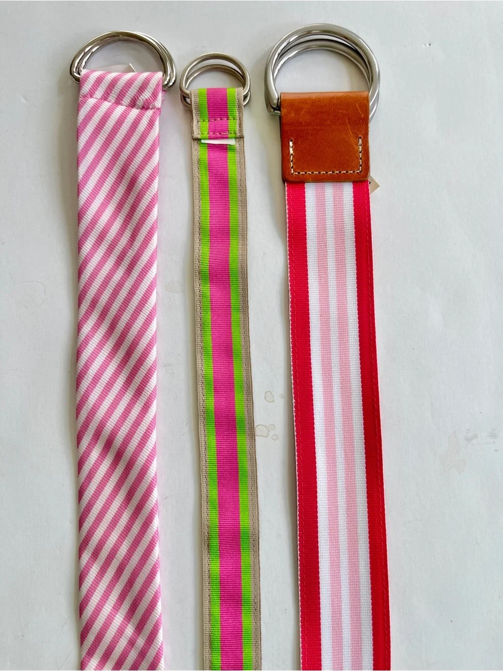 Set 3 women’s pink ribbon tie belts Striped D ring med - large ladies